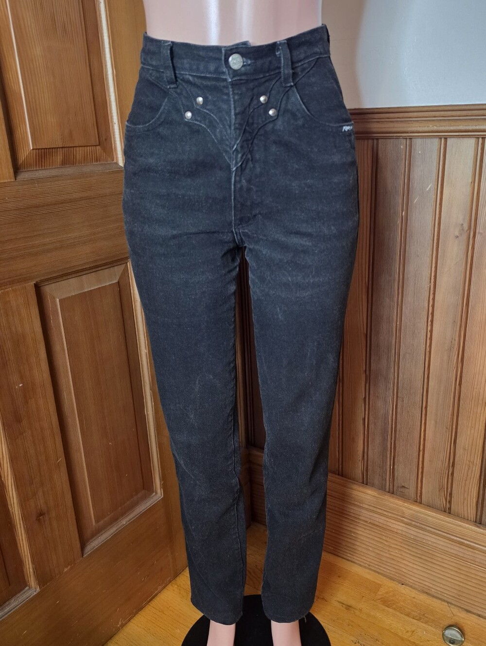 Vtg 90s Roper Black Western Jeans Studded Bareback Pocketless 27x33